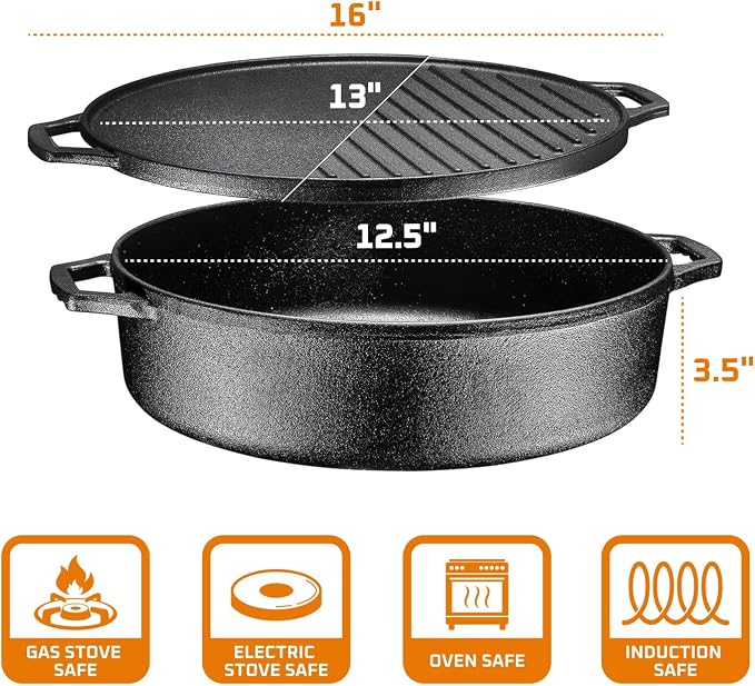 Bruntmor 6.8 Quart Cast Iron Skillet with Reversible Grill Griddle Lid - 3-in-1 Round Cast Iron Pan for Frying, Grilling, Dutch Oven Cooking - Roasting Pan with Lid, Camping Cookware, Black