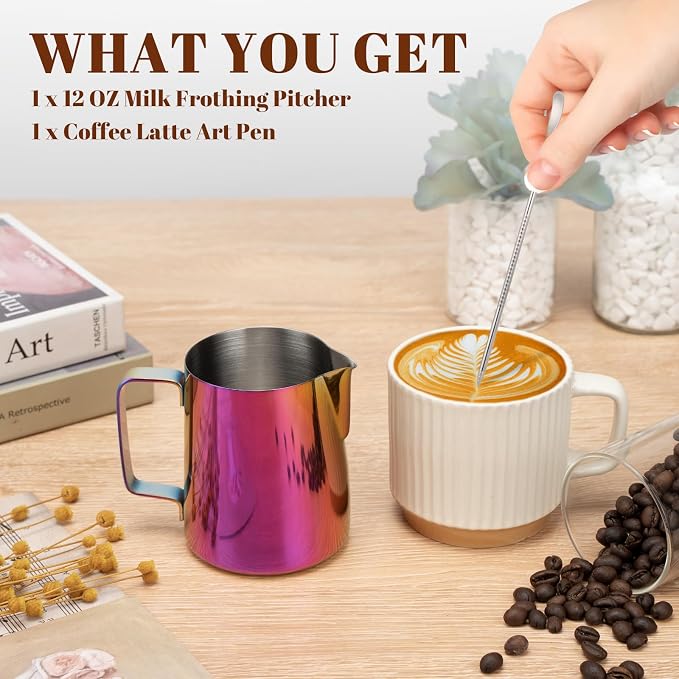 Amrules Milk Frothing Pitcher 12oz Frother Cup Barista Tools, Multipurple | 18/8 Stainless Steel, 12oz Capacity with Clear Scale, with Decorating Pen, Ergonomic Handle, for Cappuccino, Latte & Espresso