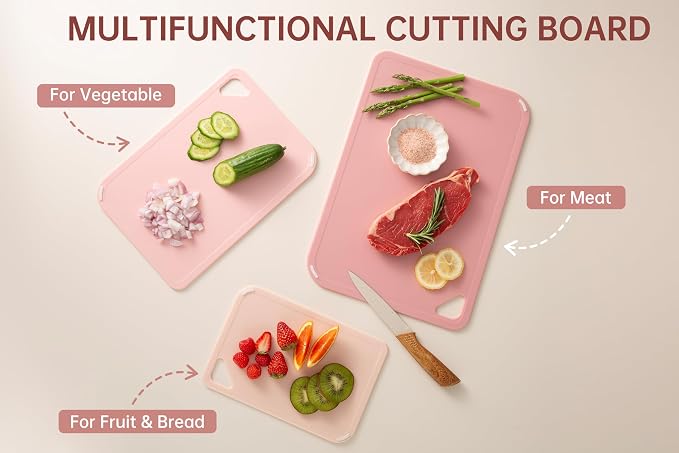 Plastic Cutting Board Set of 3, Pink Cutting Board for Kitchen | Non-Slip with Grip Handle, Chopping Board for Cooking, Bpa Free, Dishwasher Safe, Reversible, Cute Pink kitchen Accessories