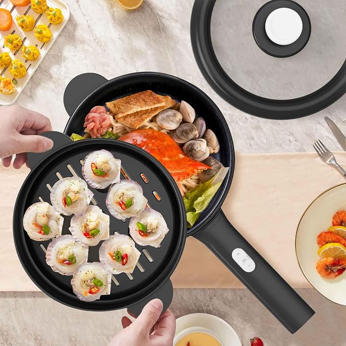 Dezin 2L Hot Pot Electric, Non-Stick Electric Pan, 700W Adjustable Power | Electric Pot for Cooking/Steak/Egg/Fried Rice/Ramen/Soup, Portable Pot for Dorm/RV/Family/Travel/Camping, Include Spatula