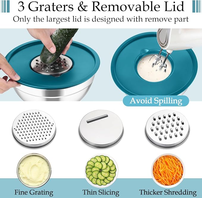 TeamFar Mixing Bowls, Stainless Steel Nesting Salad Bowls Set | Mixing Bowls with Lids & 3 Grater Attachments, For Mixing/Serving/Storing, Non-toxic & Long-lasting, 4.6/3/1.5 QT, Navy Blue