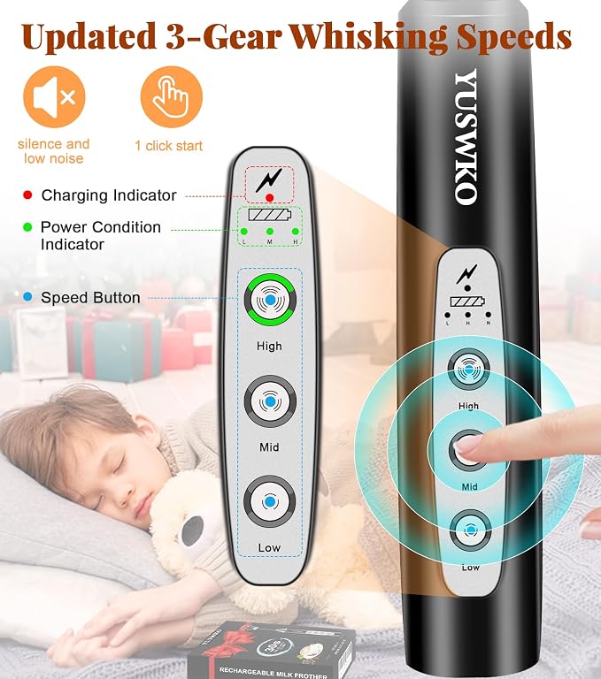 YUSWKO Handheld Milk Frother Wand for Coffee, Rechargeable Electric Whisk with 3 Heads 3 Speeds Drink Mixer Coffee Frother For Latte, Cappuccino, Hot Chocolate, Egg, Black