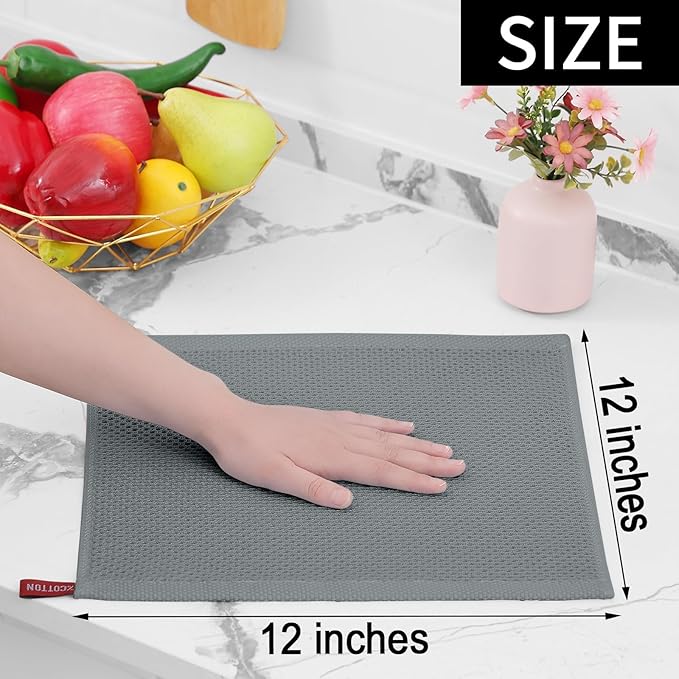 Homaxy 100% Cotton Waffle Weave Kitchen Dish Cloths 18-Pack, Grey | 12 x 12 Inches, Ultra Soft Absorbent Dish Towels, Quick Drying Dish Rags with Hanging Loop