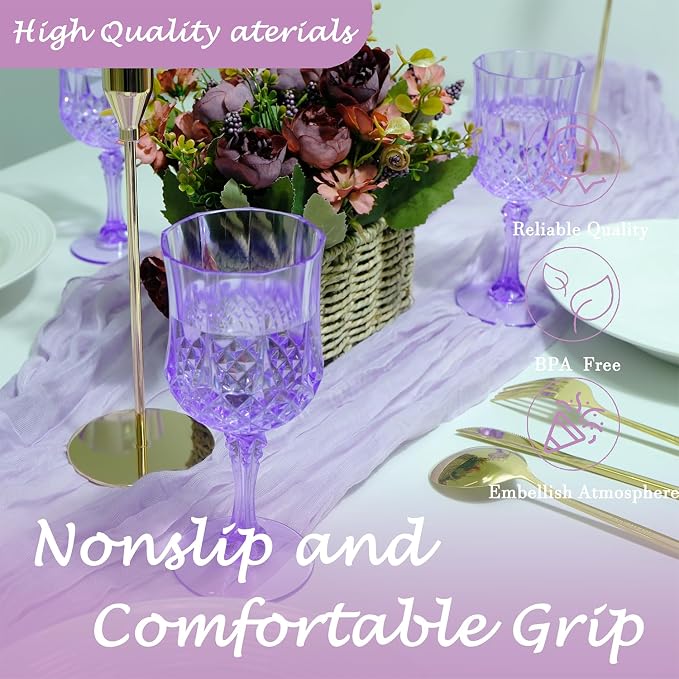 12Pack Plastic Wine Glasses, 7oz Vintage Goblets for Wedding | Unbreakable Crystal Style Reusable Stemware, Elegant Purple Drinking Glass for Party Anniversary & Holiday Celebration