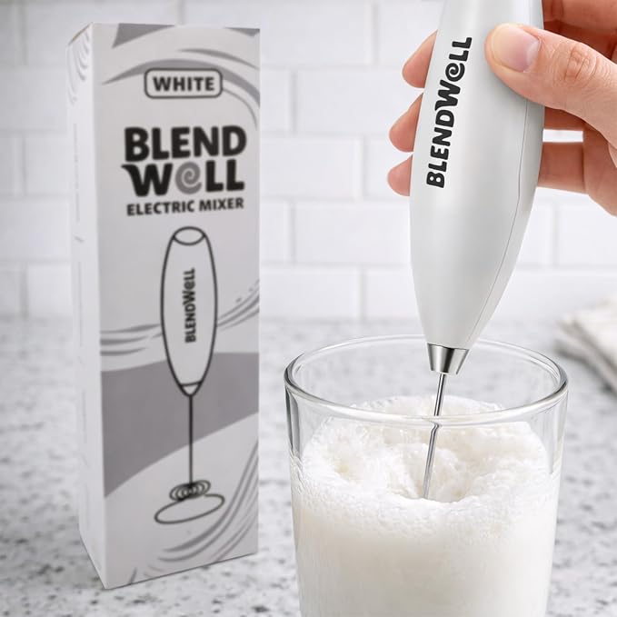 BlendWell Electric Milk Frother for Matcha and Coffee, Handheld Battery Operated Drink Mixer with Stand, Stainless Steel Whisk, White