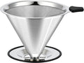 Large Size Pour Over Coffee Dripper, Stainless Steel Coffee Filter, Paperless Reusable Coffee Filter, Double Micromesh 600 Mesh Strainer Coffee Maker with Heat-Resistant Silicone Handle & Base