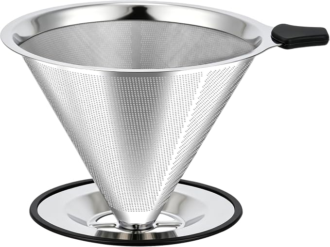 Large Size Pour Over Coffee Dripper, Stainless Steel Coffee Filter, Paperless Reusable Coffee Filter, Double Micromesh 600 Mesh Strainer Coffee Maker with Heat-Resistant Silicone Handle & Base