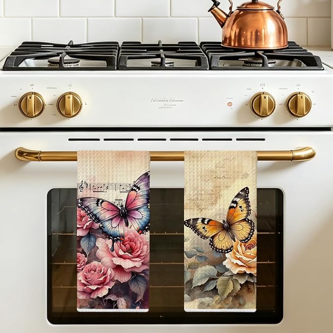 2 Pcs Vintage Butterfly Kitchen Towels, Flower Soft Absorbent Hand Towels | Butterfly Microfiber Dish Cloths for Dishes, Waffle Dish Towels for Kitchen Bathroom Decor, Housewarming Gifts for Women