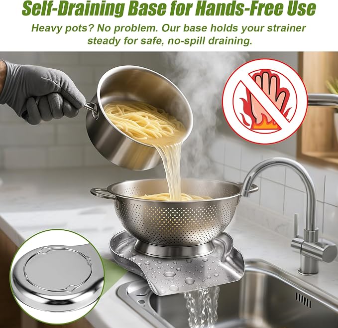 Palksky Colander and Strainer Self Drainer Base Plate Stainless Steel for Kitchen, Metal Countertop Draining Tray for Pasta Rice Noodle Fruit Veggie Food Strainer & Ceramic Colander