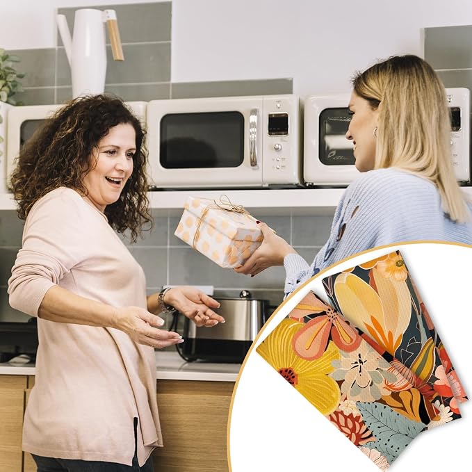 Abstract Boho Floral Kitchen Towels Set of 2, Maximalist Colorful Flower Hand Towels for Bathroom Decor, Mid Century Modern Dish Tea Towels for Kitchen Decor, 16x24 Inch