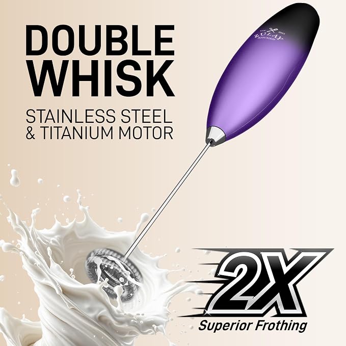 Zulay Kitchen Powerful Milk Frother Wand With Duracell Batteries - Ultra Fast Handheld Drink Mixer - Electric Whisk Foam Maker for Coffee, Lattes, Cappuccino & Matcha - Double Whisk - Black Purple