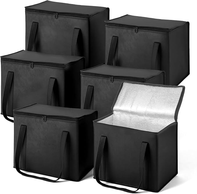 SHENLIU Set of 6 Large Insulated Reusable Grocery Bags, Foldable Washable | Heavy Duty Cooler Totes with Sturdy Zipper and Handles Insulated Food Delivery Bag for Hot and cold Food 16.1" x 13" x 10.2"