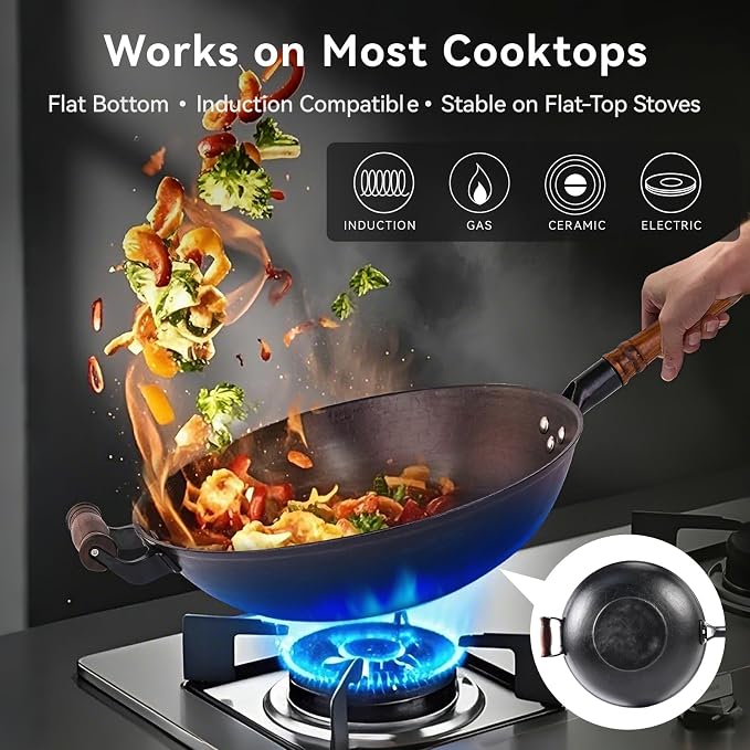 WANGYUANJI 13.4" Cast Iron Wok with Glass Lid, Flat Bottom | Uncoated cast iron wok with glass lid for stir-frying on induction, gas and electric stoves.