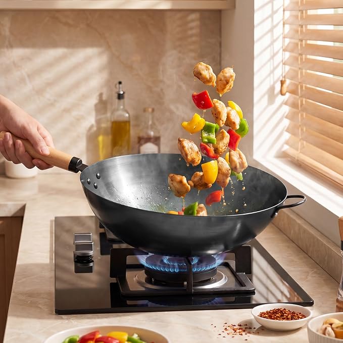 Sweetcrispy 13.5 Inch Carbon Steel Wok Pan, Pre-Seasoned Flat Bottom No Chemical Coating Pow Wok, Compatible with Induction, Electric, Gas and Open Fire, Ideal for Home Cooking and Camping, Black