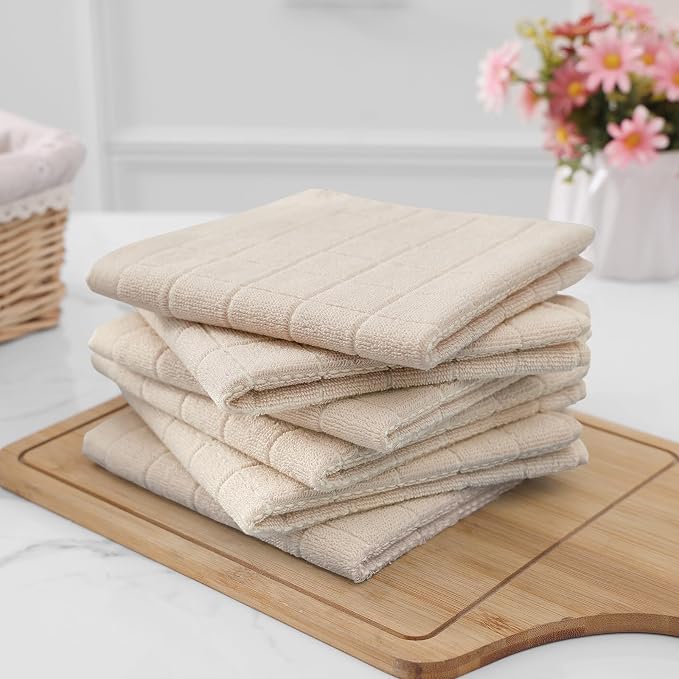 Homaxy 100% Cotton Terry Kitchen Dish Cloths, 6 Pack, Beige | Ultra Soft and Absorbent, Suitable for Drying and Washing Dishes