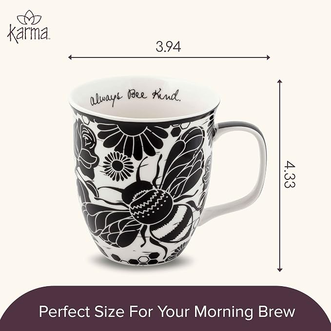 Karma Gifts 14 oz Black and White Boho Mug Bee - Cute Coffee and Tea Mug - Ceramic Coffee Mugs for Women and Men