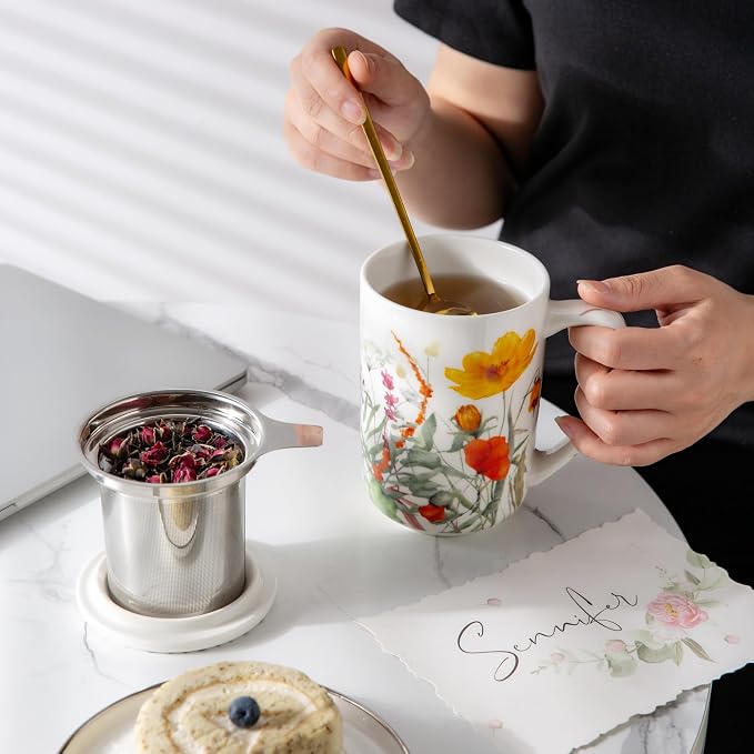 AmorArc Tea Cup With Infuser and Lid, 18oz Loose Leaf Tea Mug With Steeper | Porcelain Tea Mug With Infuser and Lid, Large Strainer Tea Cup with Lid for Tea, Coffee Mug for House-warming Birthday Gift