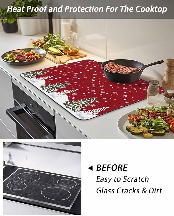 Stove Top Covers for Electric Stove 31x24 Inches, Red Christmas Snowman HeatResistant Glass Cooktop Protector, Winter Xmas Snowflake Ceramic Stovetop Countertop Covers Christmas Tree Mat, Oven Cover