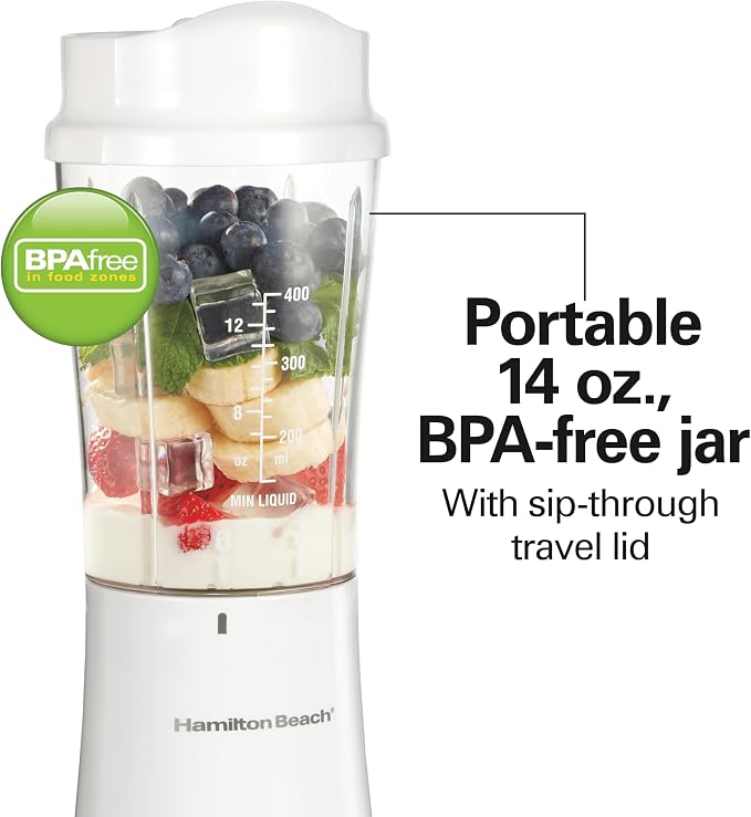 Hamilton Beach Portable Blender for Shakes and Smoothies, 14 Oz BPA Free Travel Cup & Lid, Durable Stainless Steel Blades, Personal Smoothie Blender, White (51101V) (Pack of 4)