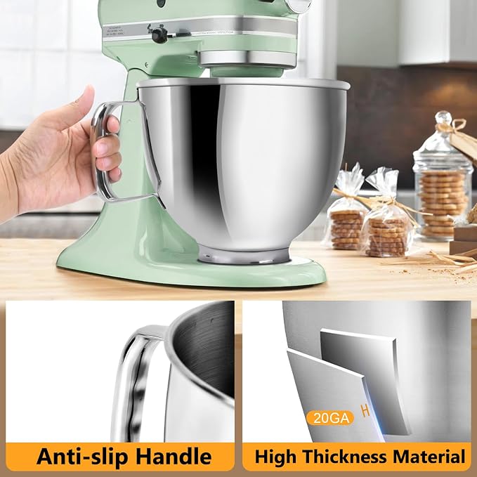 5 Quart Mixing Bowl for KitchenAid Stand Mixers, Food-Grade Stainless Steel Bowl with Handle & Clasp, Compatible with Tilt-Head 4.5–5 Qt Models – Fits K45, K45SS, KSM75, KSM150, KSM95