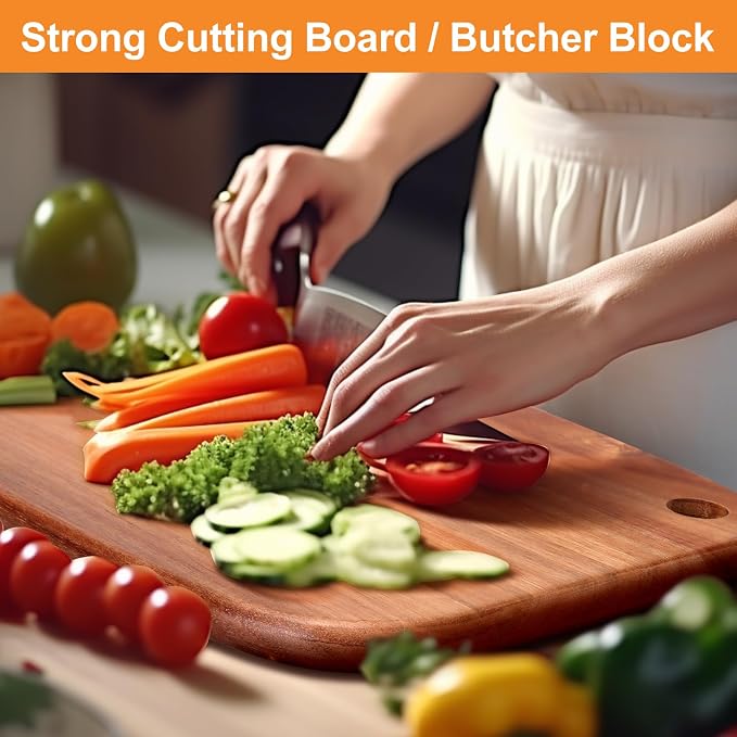 Large Acacia Wood Cutting Boards for Kitchen with Hanging | Big Wooden Cutting Board for Vegetables, Bread, Steak, Meat, Cheese, Charcuterie - BPA Free, 14" x 11"