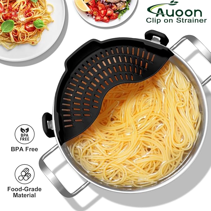 AUOON Pot Strainer Clip on Silicone, Large 10.45 x 4.33 in, Black | Fits Pots Pans Bowls, Dishwasher Safe, for Pasta Noodles Vegetable Fruits, Space-saving Kitchen Gadget