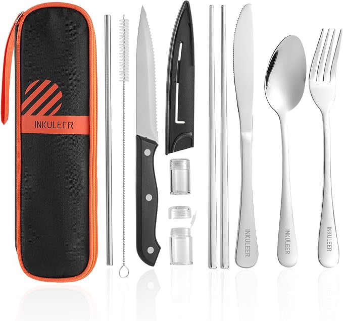 INKULEER Travel Cutlery, Portable Cutlery Set | Portable Silverware Set, 18/8 Stainless Steel Lunch Reusable Travel Cutlery Set, Fork and Spoon/Knife Set for Camping | Full-size camping cutlery set.