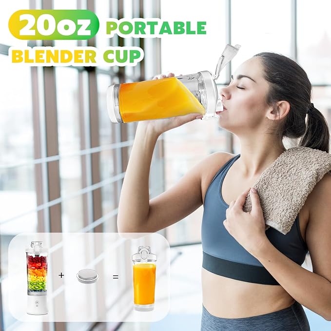 Portable Blender Personal Juicer for Shakes Smoothies with Insulated Sleeve | 20 Oz Electric Protein Shaker Bottle, Travel Lid, USB-C Rechargeable, Mini Small Cordless Blender Cup for Kitchen Travel Gym