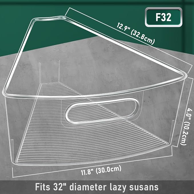 Lazy Susan Cabinet Organizer Bins for 26"/ 28"/ 32" Diameter | Corner Organizer, Plastic Cabinet Storage Bin, 1/8 Wedge - Food Safe, BPA Free, with Non-Slip Pads (for 32" Diameter, 4 Pack)