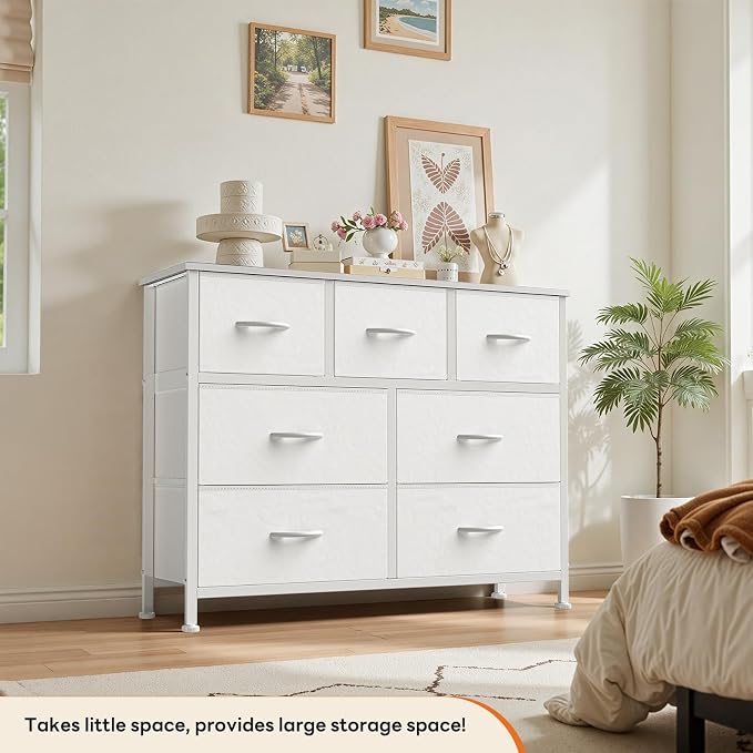 Sweetcrispy 7 Drawer Dresser for Bedroom Storage with Fabric Bins, White | Anti-Tip Closet Organizer, Wooden Top and Sturdy Steel Frame, Spacious Drawers for Clothes Storage, Hallway Entryway