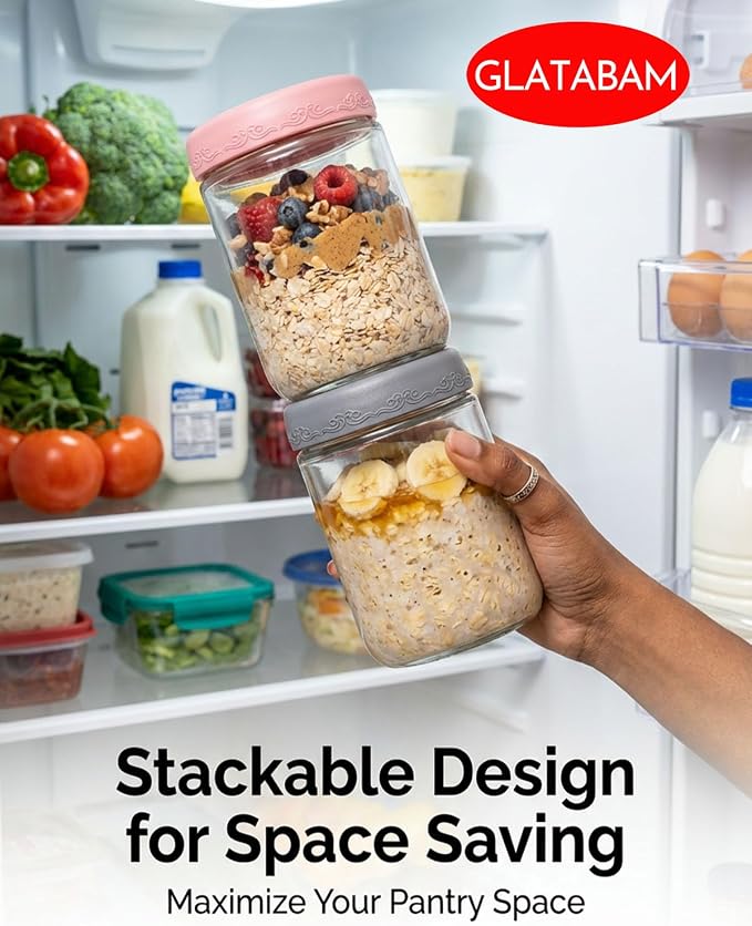 18 OZ 4Pack, Overnight Oats Jars with Lids, Glass Meal Prep Containers, Airtight Mason Jars for Breakfast, Yogurt Parfait, Salad & Smoothies, Leakproof and Reusable Food Storage Jars(4-2)