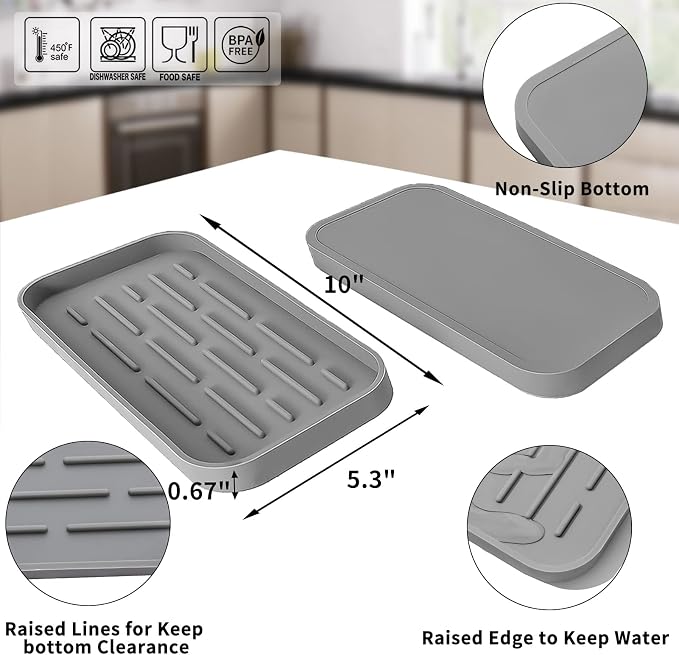 MicoYang Silicone Kitchen Sink Organizer Tray for Multiple Usage,Eco-Friendly Sponges Holder for Kitchen Bathroom Counter or Sink,Dish Soap Dispenser,Scrubber,Bottle,Cup (Grey, 10"×5.3")