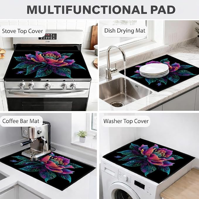 Boho Floral Stove Top Cover 28x20 Inch Glass Stove Cover | Heat Resistant Cooktop Protector Mat with Non-Slip Backing, Scratch Protection and Countertop Drying Mat.