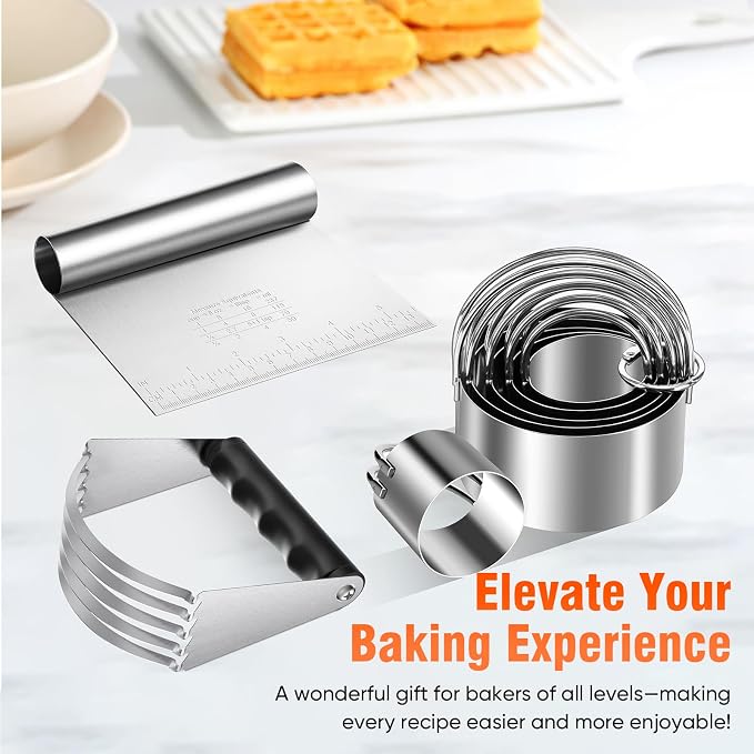 Stainless Steel Biscuit Cutter Set, Pastry Scraper and Dough Blender, Sturdy & Long-Lasting with Ergonomic Rubber Grip, Baking Dough Tools for Cooking Cookies and Donuts, Cakes, or Making Pancakes