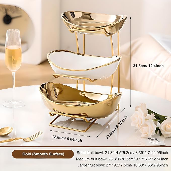 Gold Silver Fruit Bowl with Metal Stand, 3 Tier Ceramic White Fruit Bowl Fruit Rack for Kitchen Counter, Tiered Fruit Basket for Snacks Bread Candy Storage (Gold (Smooth Surface))