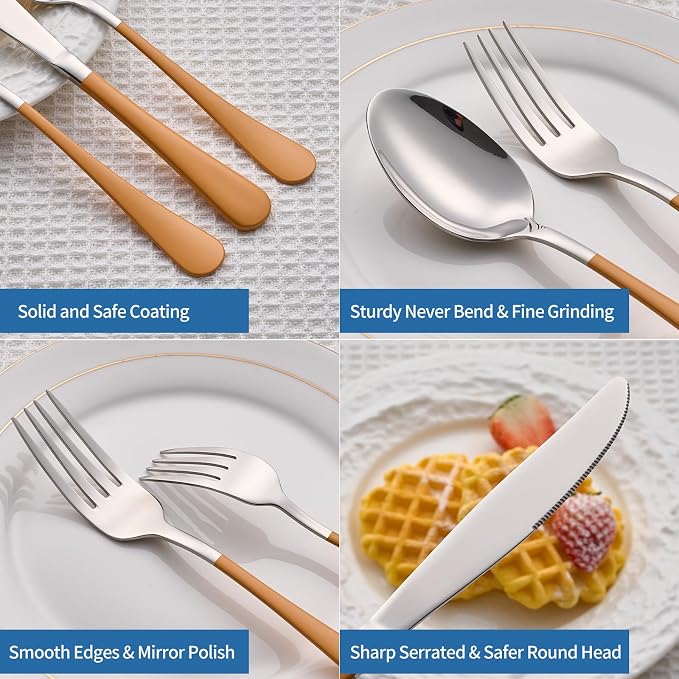 20-Piece Orange Silverware Set, 18/0 Stainless Steel Orange Handle Flatware Set, Service for 4, Modern Cutlery Set Includes Dinner Knives Forks Spoons, Mirror Polished, Dishwasher Safe
