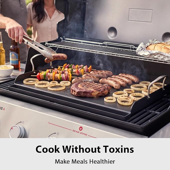 Utheer 25" x 16" Pre-Seasoned Nonstick Cast Iron Griddle for Gas & Charcoal | Universal Flat Top with Grease Groove, Reinforced Ridges & High Sidewalls, Great for Stove, Parties, Camping & Tailgating