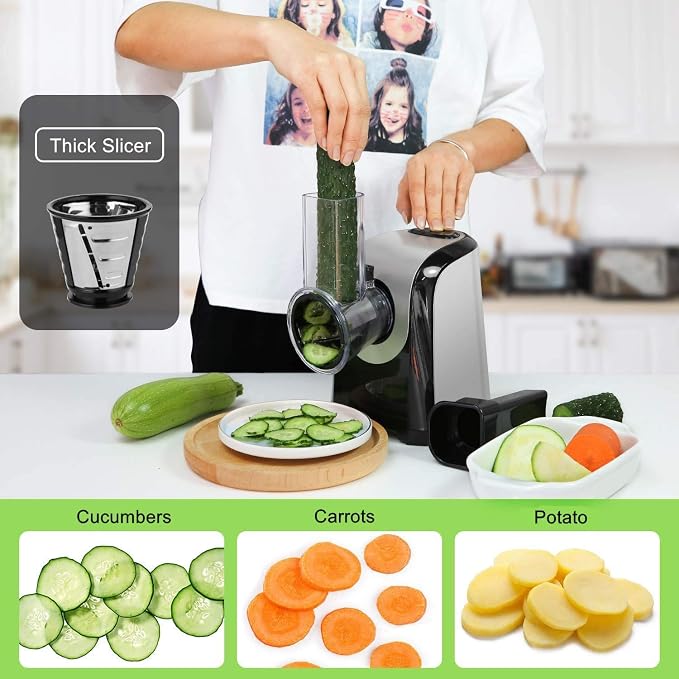 Electric Cheese Grater Slicer Shredder Salad Maker for Kitchen 150W 5-in-1 | Slices shreds grates cheese carrot potato cucumber nuts, 5 stainless steel cones,for salad pizza soup tacos,one-touch control