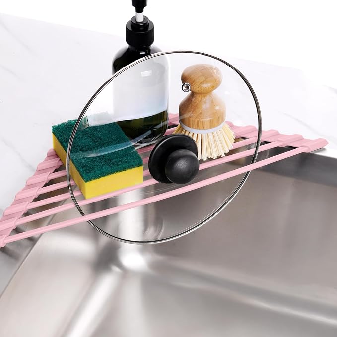 Tomorotec Triangle Roll Up Dish Drying Rack with Silicone Coating, Pink | 304 Stainless Steel with BPA-Free Silicone, Triangle Design Maximizes Sink Corner Space, Fits Compact Kitchens And RVs