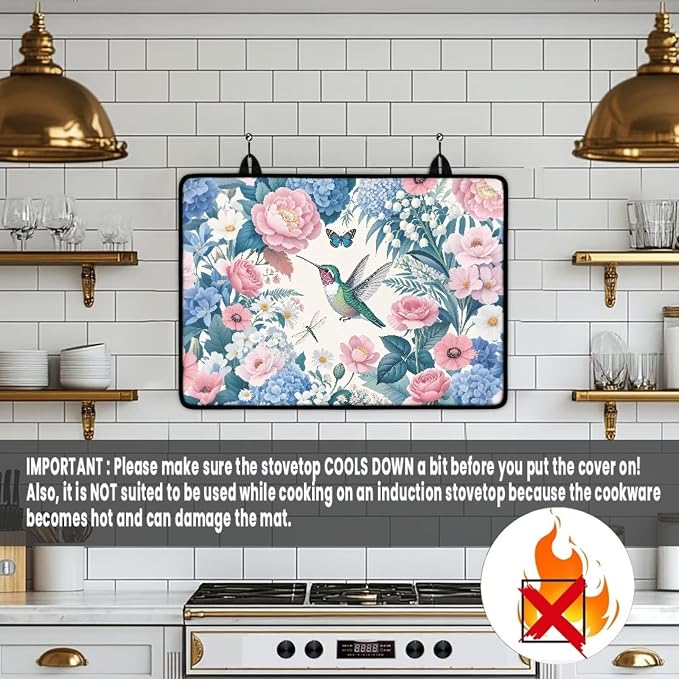 Hummingbird Pink Blue Flower Print Electric Stove Top Cover 29.18 x 20.96 inch Coffee Machine Mat Thick Induction Butterfly Dragonfly Print Glass Cooktop Protector with Lanyards Range Covers