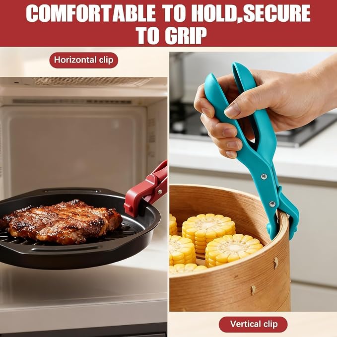 4PCS Hot Plate Gripper Tong, Dip Clips for Plate, Bowl Holder for Hot Food, Anti Scald Bowl Holder Clips for Kitchen (Red + Blue)