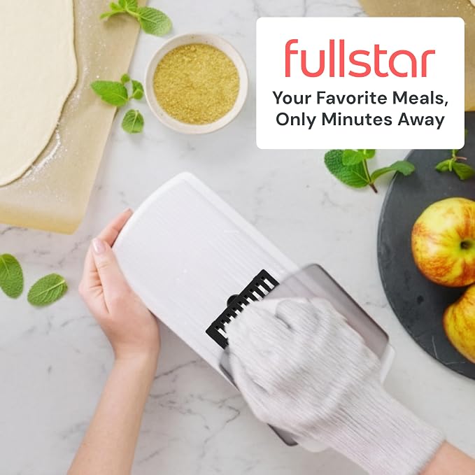Fullstar Pro Mandoline Vegetable Slicer, Grater & Spiralizer with Container | 9 in 1 Fruit Cutter, Cheese Grater & Spiralizer with Safety Gloves, Stainless Steel Blades & Container (White)