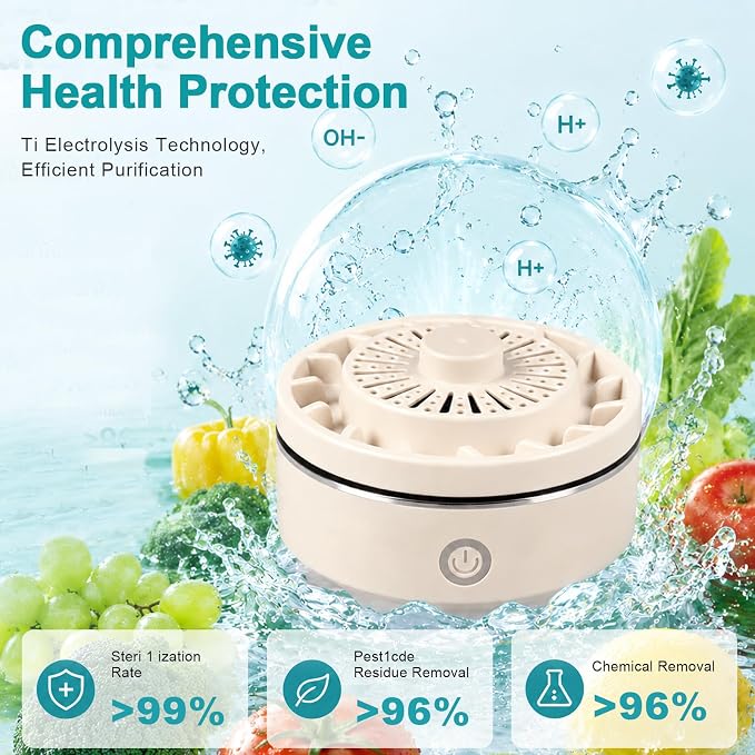 Fruit and Vegetable Wash Machine, AZ GOGO Produce Cleaner Device, 2026 New Ti Electrolysis Wireless Automatic Fruit and Vegetable Washer Portable Food Purifier (Beige)