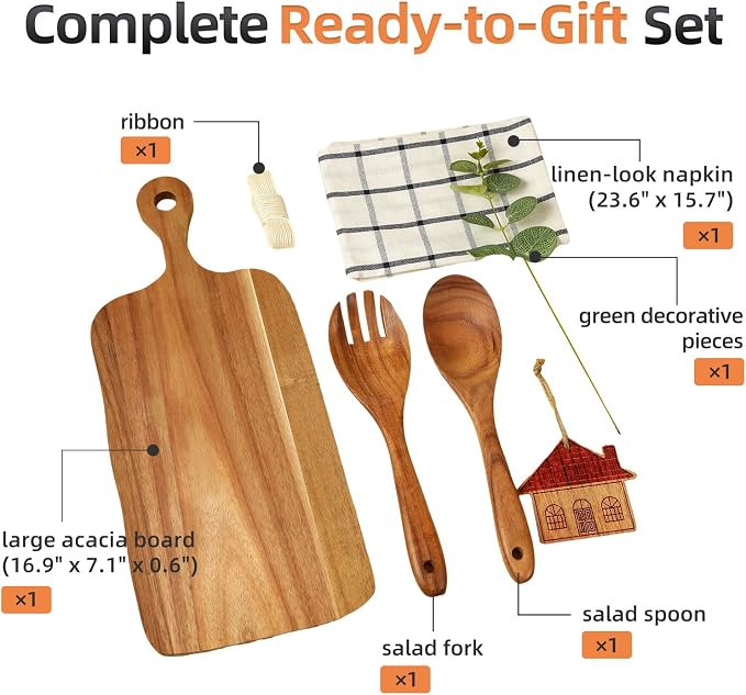 The Perfect Housewarming Gift! Wooden Cutting Boards Set with Utensils & Napkin - Charcuterie, Cheese, Serving Tray for New Home, Kitchen Decor