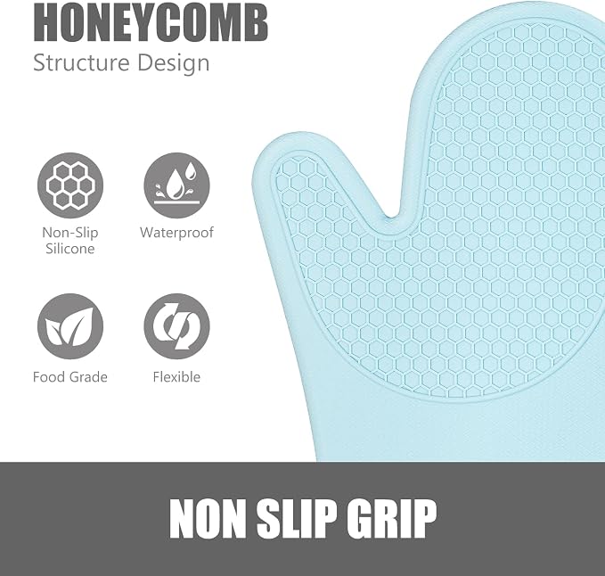 RORECAY Silicone Oven Mitts and Pot Holders Sets, Kitchen Gloves, Sky Blue | Set of 6 Kitchen Mitts for Baking & Cooking, Heat Resistant 500 ℉, 12.7" Extra Long, Non-Slip & Waterproof, Quilted Cotton