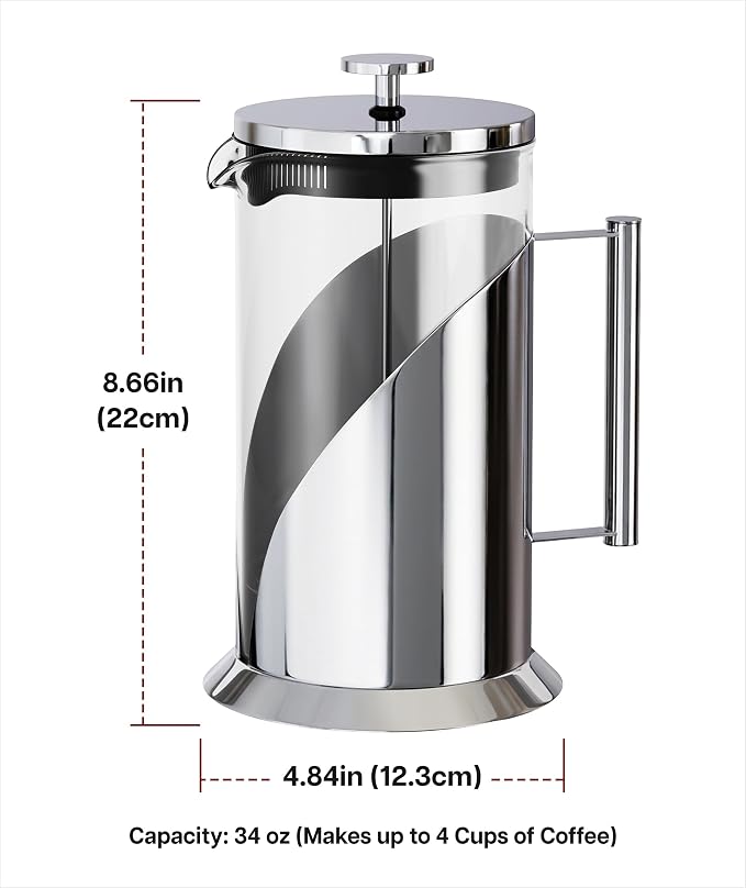 Cafe Du Chateau Stainless Steel French Press Coffee Maker 34 oz – Insulated Coffee Press with 4-Level Filtration, Manual Brewer for Tea, Camping & Travel, BPA-Free Glass (Pack of 2)