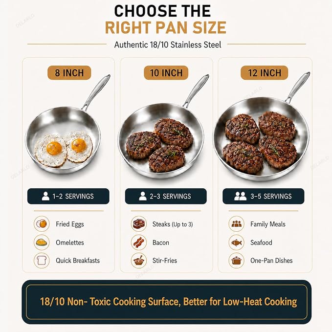 DELARLO Tri-Ply Stainless Steel Pan,18/10, 9" 11" | Nontoxic Durable Oven Safe 800℉ All Cooktops Compatible Fast Even Heat PFOA Free Large Frying Pan Nontoxic Cookware