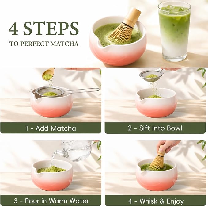 Matcha Whisk Set, Ceramic Matcha Set Includes Bowl & Holder, Bamboo Whisk (Chasen), Scoop, Spoon and Sifter, 6Pcs Matcha Kit Covers Everything Needed for Making Matcha (Red)