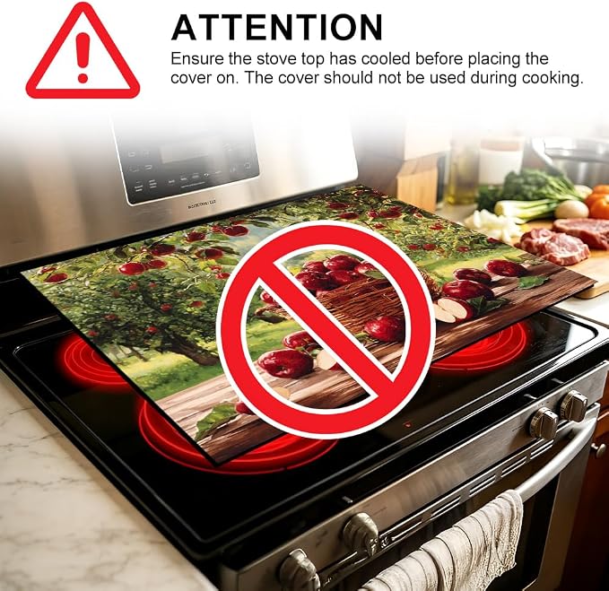 Farmhouse Apple Stove Top Cover 28x20 Inch Decorative Kitchen Cover | Heat Resistant Cooktop Protector Mat with Non-Slip Backing, Scratch Protection and Countertop Drying Mat.