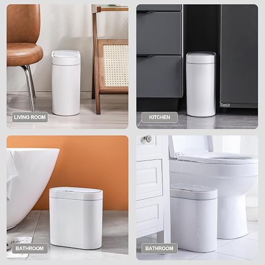 ELPHECO 2 Pack Bathroom Motion Sensor Trash can 2.5 Gallon + 2 Gallon Automatic Garbage Can Bathroom Decor, Slim Plastic Smart Trash Bin with Lid, Garbage can for Kitchen, Office, White, 2 Pack